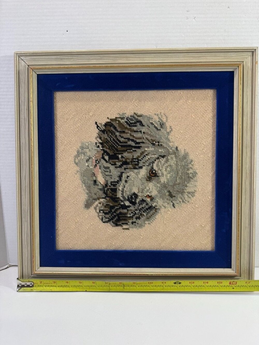 needlepoint blue velvet border grey poodle portrait picture frame hand stitched - Picture 11 of 11